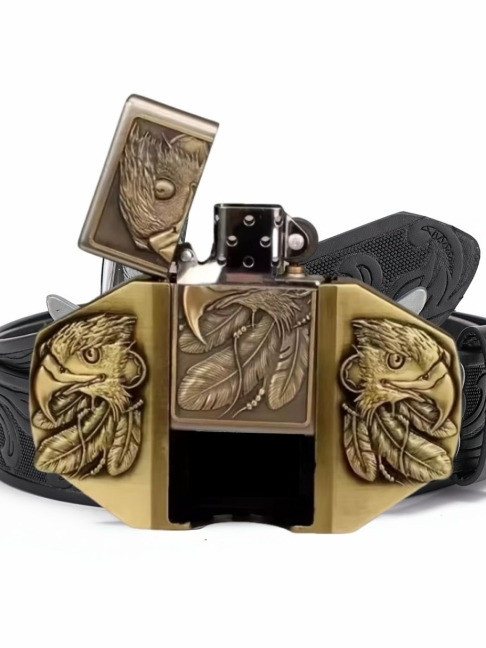 Eagle Relief Brass Belt Buckle Lighter with black belt- Men's Accessory